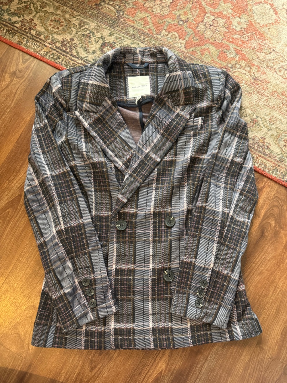 Avec Les Filles Plaid Double-Breasted Blazer in Brown and Gray
